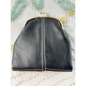 Vintage Style Black Sheep Leather Kiss Lock Wallet Card Organizer White Stitch